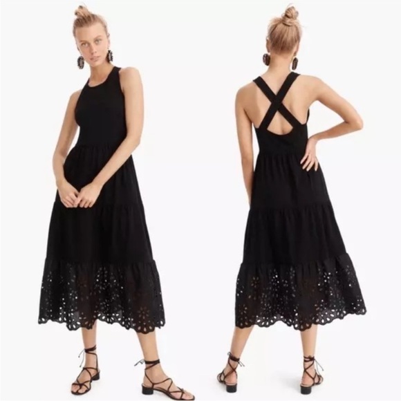 J. Crew black tiered cross back midi dress with eyelet at hem Sz XS - Picture 1 of 7
